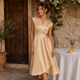 Carmen – Σατέν Midi Φόρεμα με Σταυρωτό Ντεκολτέ και Ρέουσα Γραμμή