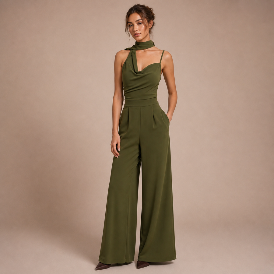 Σιένα – Μονόχρωμο φόρεμα με λαιμόκοψη και φαρδιά παντελόνα