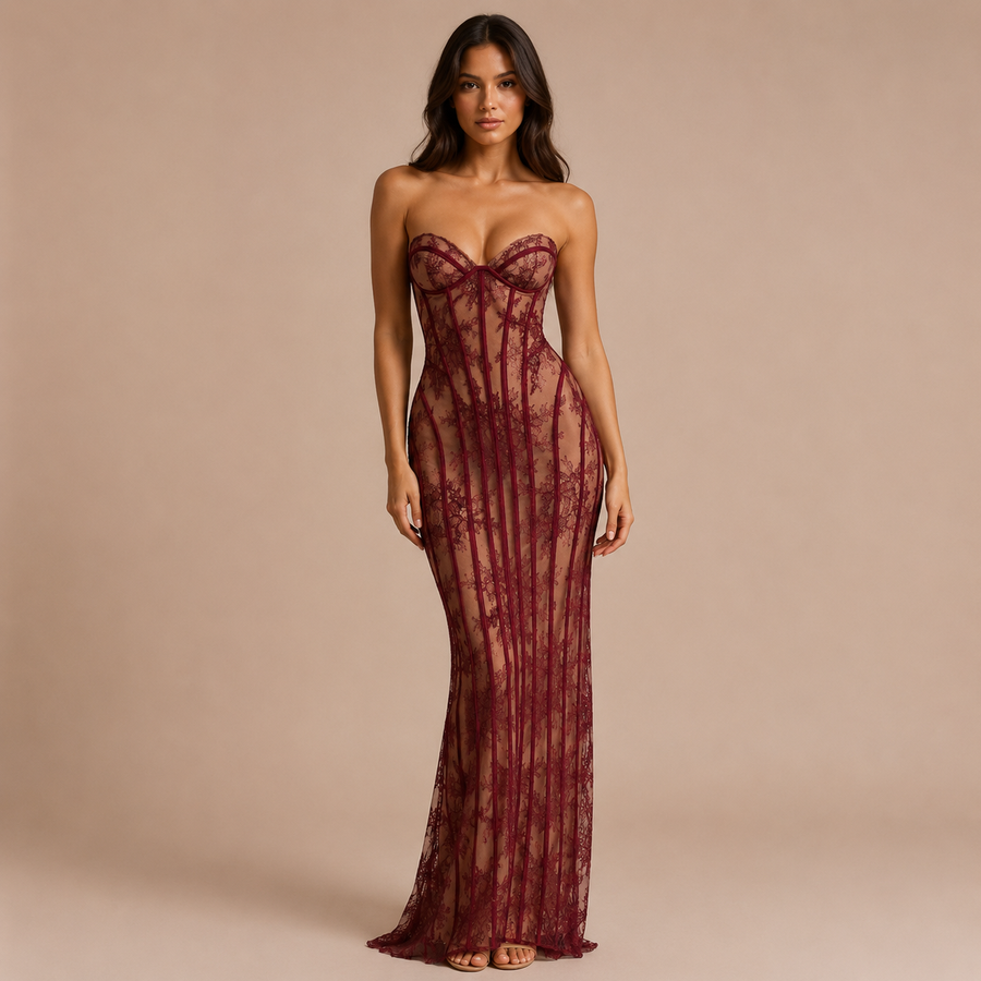Γκαμπριέλα - Strapless Μαξι Φόρεμα με Κορσέ και Εφαρμοστή Σιλουέτα