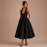 Ángela - Midi Halter Dress with Bow and Flared Skirt