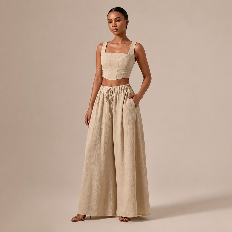 Ροκία - Σετ Crop Top με Ίσιο Ντεκολτέ και Παντελόνι Palazzo με Κορδόνι
