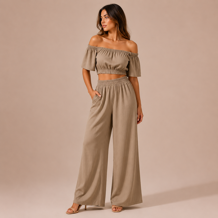 Ισα - Σετ crop top με ανοιχτούς ώμους και παντελόνι palazzo" 

Rewritten: "Ισα - Σετ με crop top ανοιχτού ώμου και palazzo παντελόνι