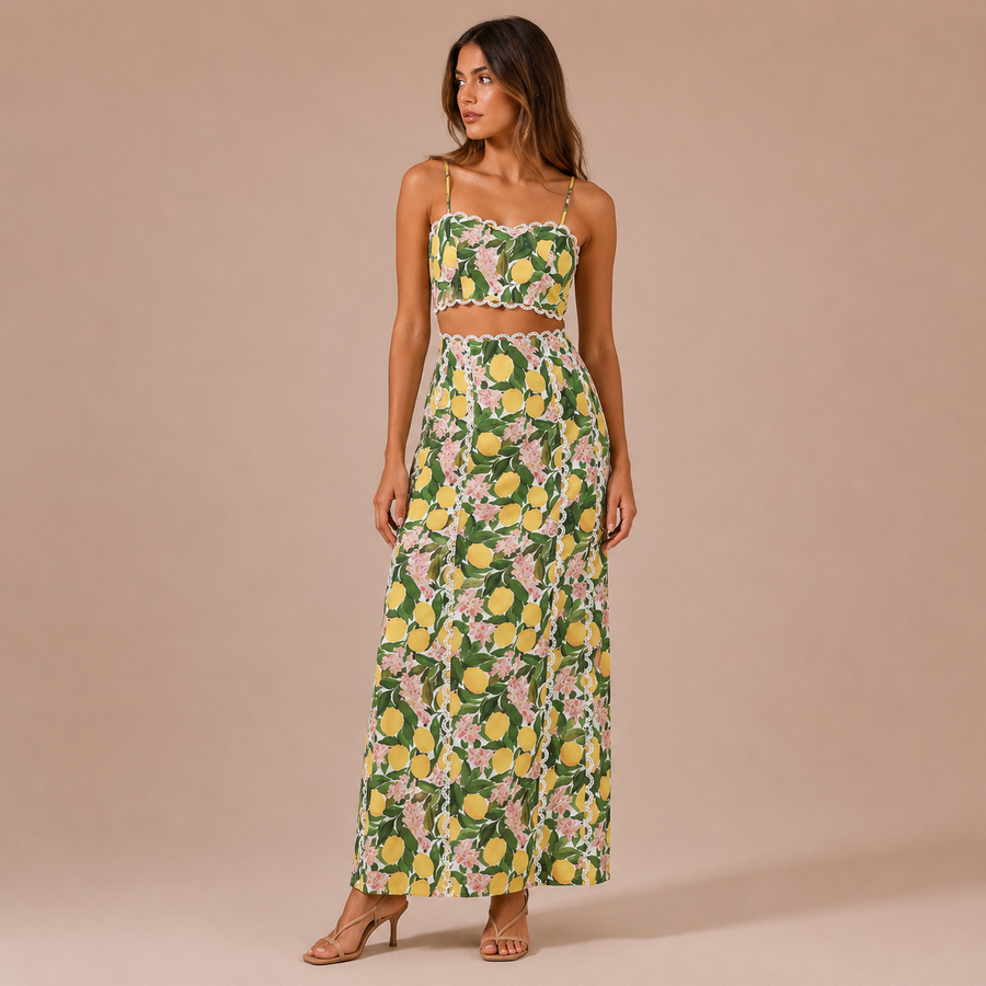 Μαρία - Σετ λεμονιών με cropped top λεπτών τιραντών και maxi φούστα