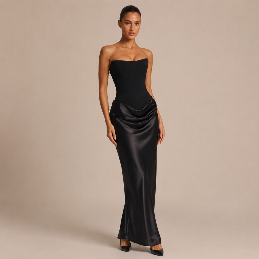 Αλεχάντρα - Μακρύ strapless φόρεμα με δομημένο κορσέ και σατινέ φούστα με drape