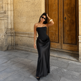Αλεχάντρα - Μακρύ strapless φόρεμα με δομημένο κορσέ και σατινέ φούστα με drape