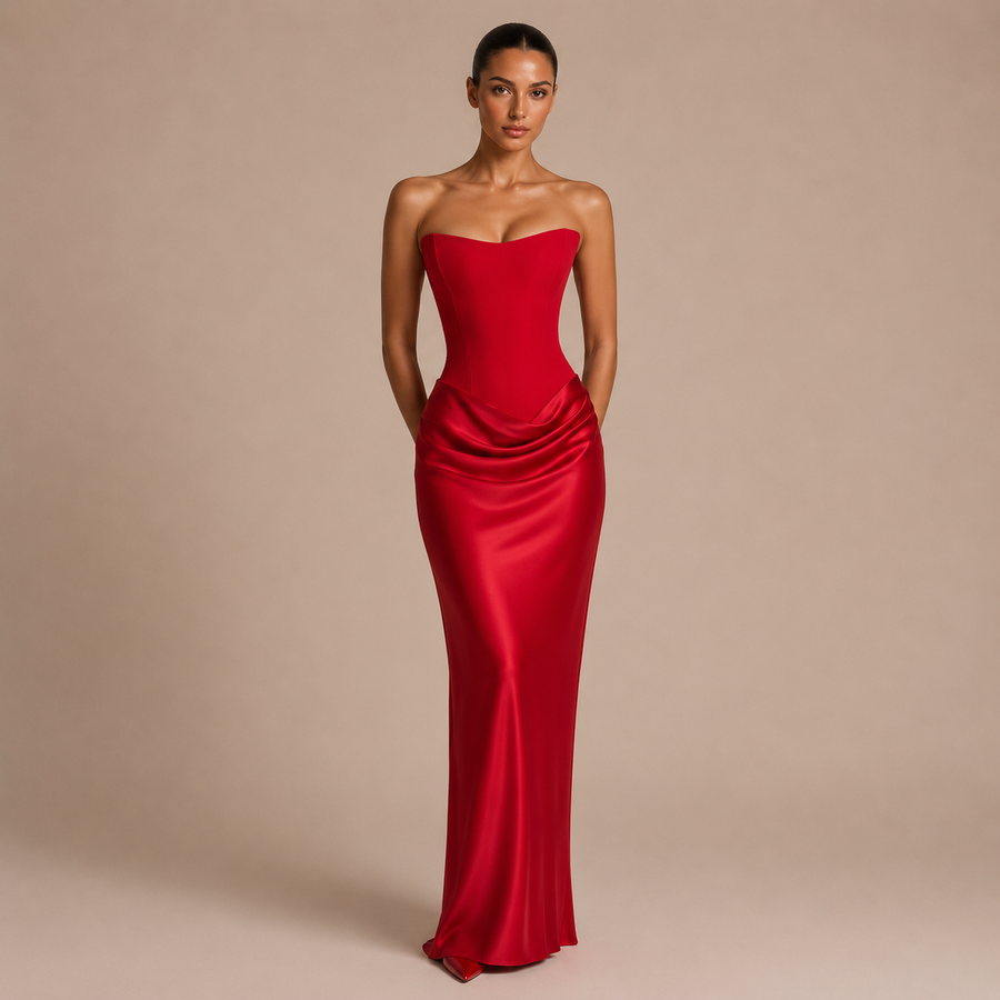 Αλεχάντρα - Μακρύ strapless φόρεμα με σφιχτό κορσέ και σατινέ φούστα