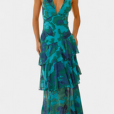 Domenica - Chiffon Dress with V-Neckline and Flowing Layers