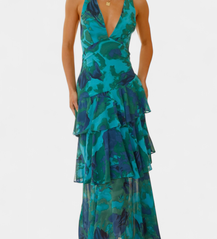 Domenica - Chiffon Dress with V-Neckline and Flowing Layers
