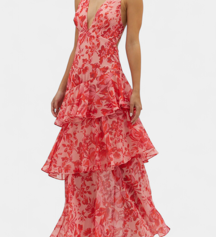 Domenica - Chiffon Dress with V-Neckline and Flowing Layers