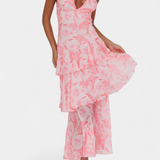 Domenica - Chiffon Dress with V-Neckline and Flowing Layers