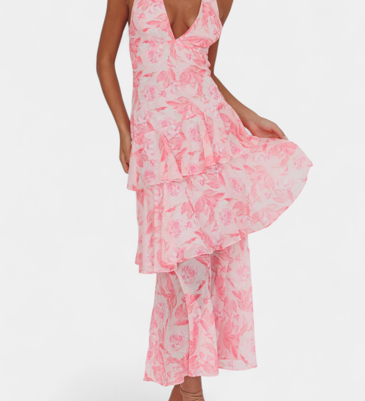 Domenica - Chiffon Dress with V-Neckline and Flowing Layers